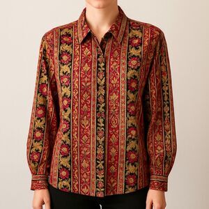 Christie & Jill Vintage Blouse XL Baroque Floral Scroll Print Button Down Shirt